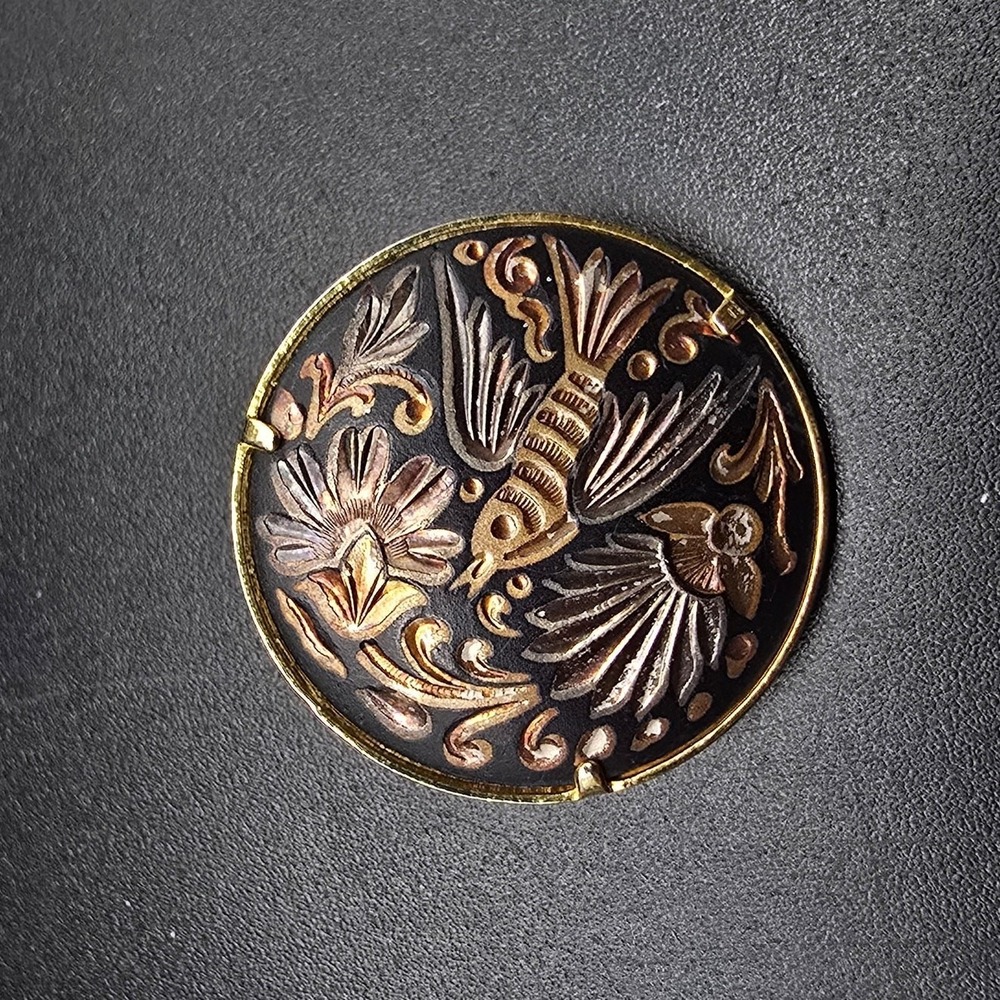 Damascene Bird Brooch Gold Tone Etched Bird Scene Vintage Costume Jewelry